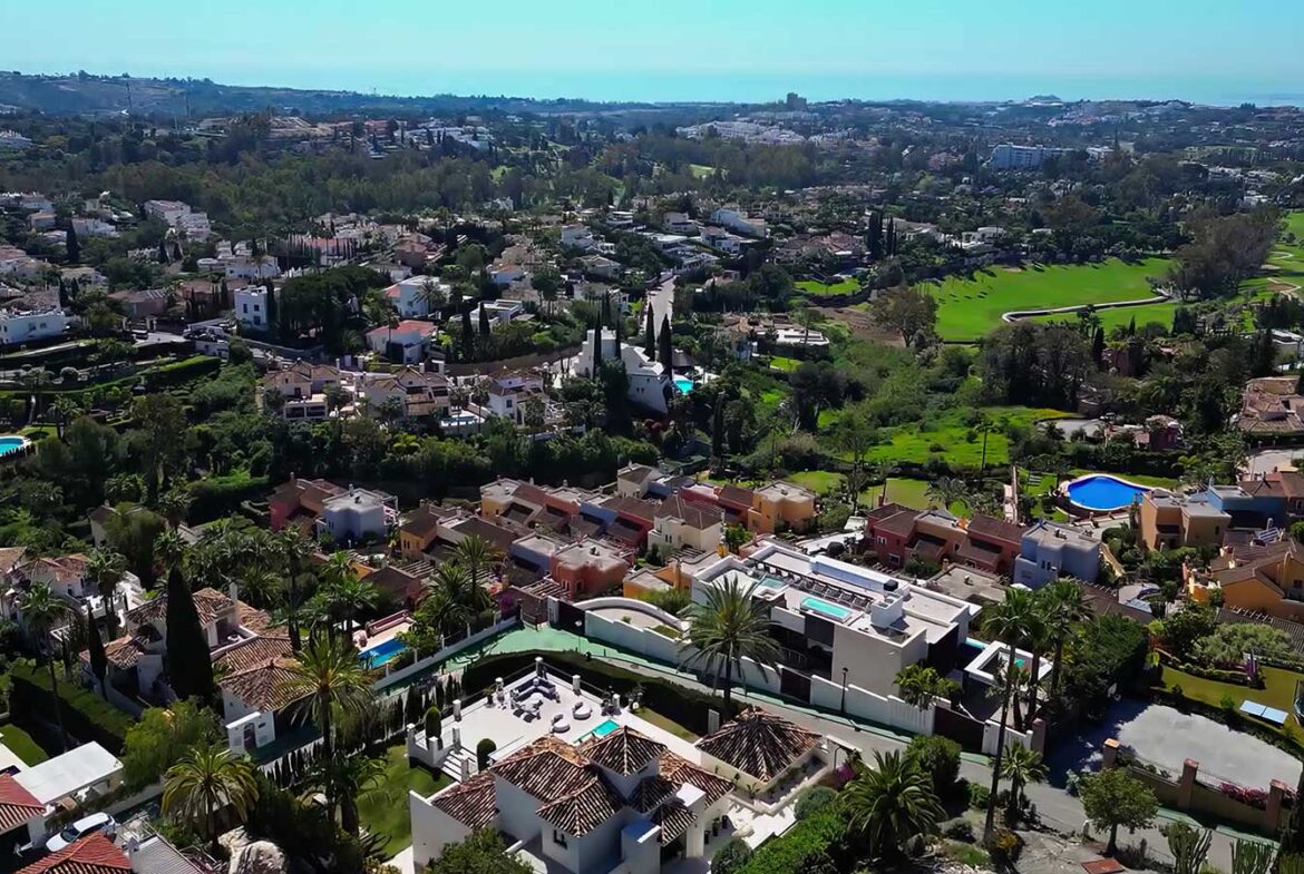 Aerial view of Villa Seraphina in Los Naranjos Hill Club, Marbella, showcasing the villa's spacious layout and surrounding landscape.