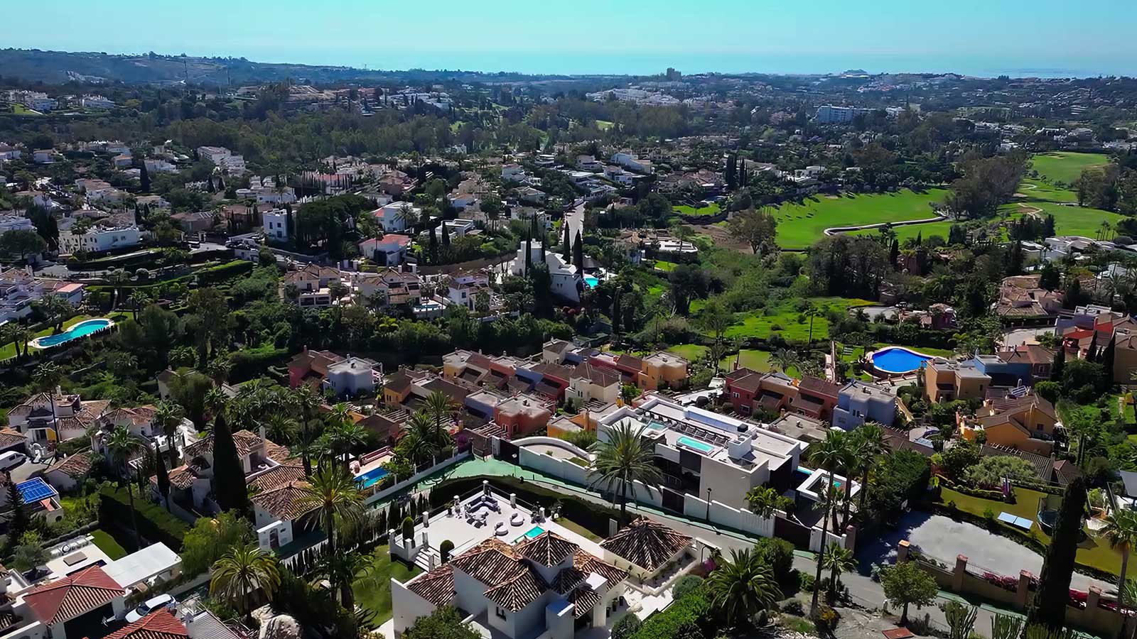 Aerial view of Villa Seraphina in Los Naranjos Hill Club, Marbella, showcasing the villa's spacious layout and surrounding landscape.