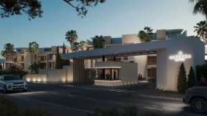 Nighttime view of the secure main entrance at Altezza Suites Estepona.