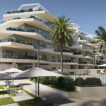 Modern luxury apartment complex with terraces and palm trees in Fuengirola, Mijas Costa