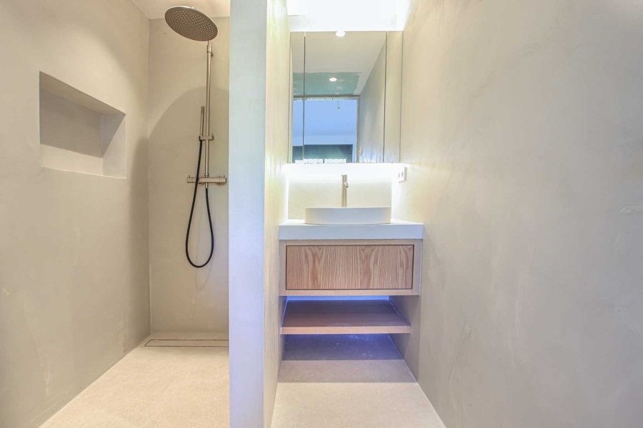Modern shower with rainfall showerhead in Centro Plaza penthouse.