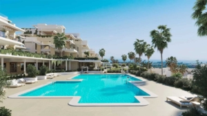 Large outdoor swimming pool with palm trees at Altezza Suites Estepona.