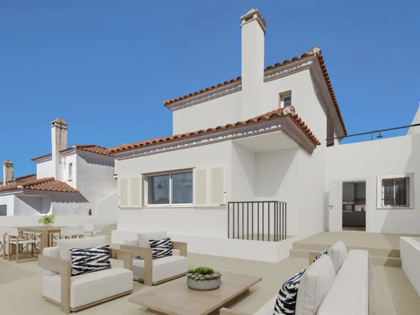 Modern exterior of an Olimpo Mijas villa with outdoor seating and a sunny terrace.