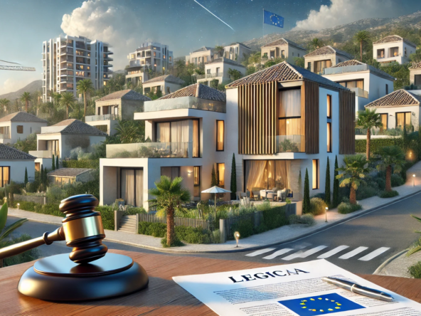 Luxury Spanish real estate with a legal document and a judge’s gavel, symbolizing the legal debate on property taxation for non-EU buyers.