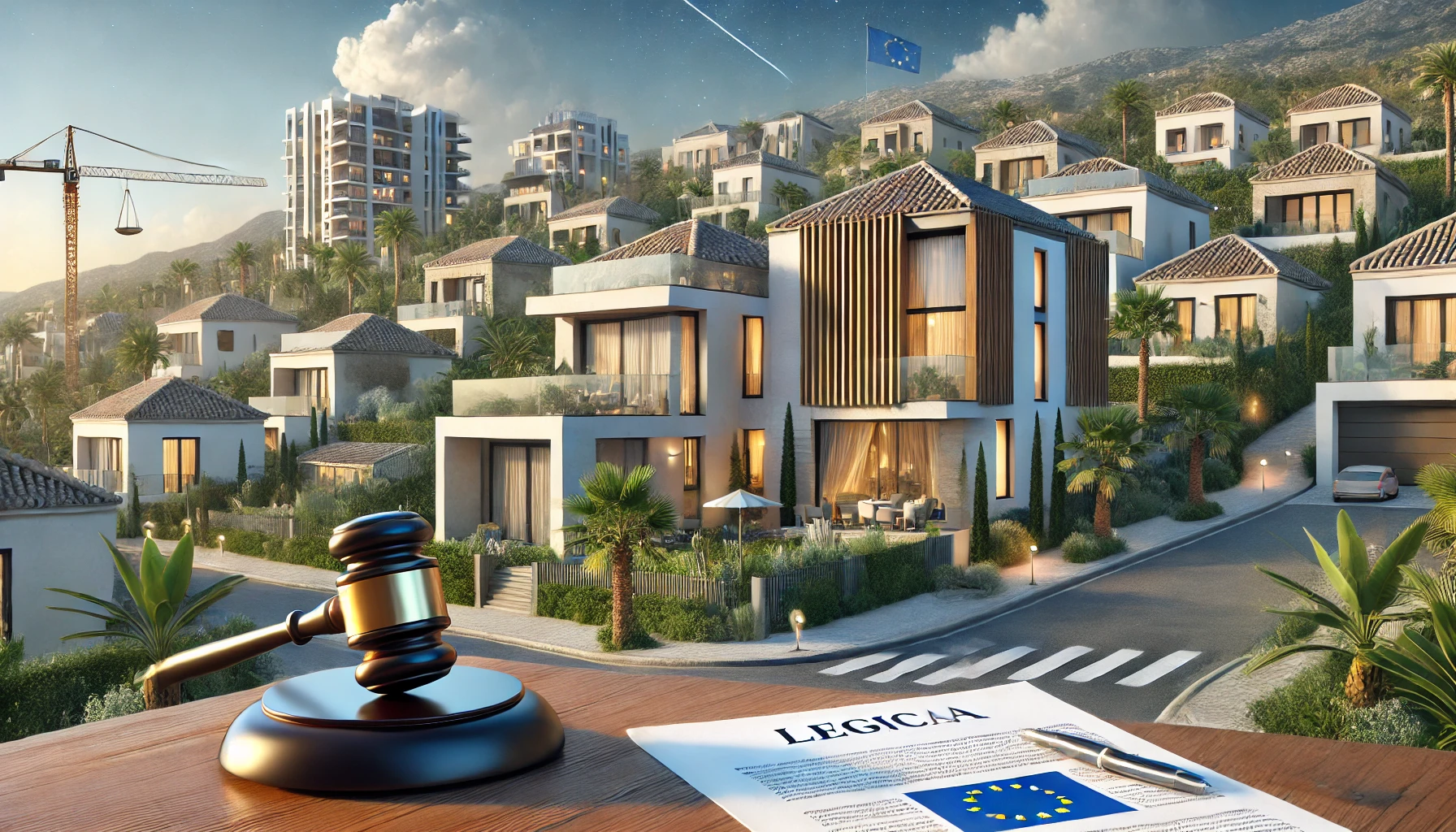 Luxury Spanish real estate with a legal document and a judge’s gavel, symbolizing the legal debate on property taxation for non-EU buyers.