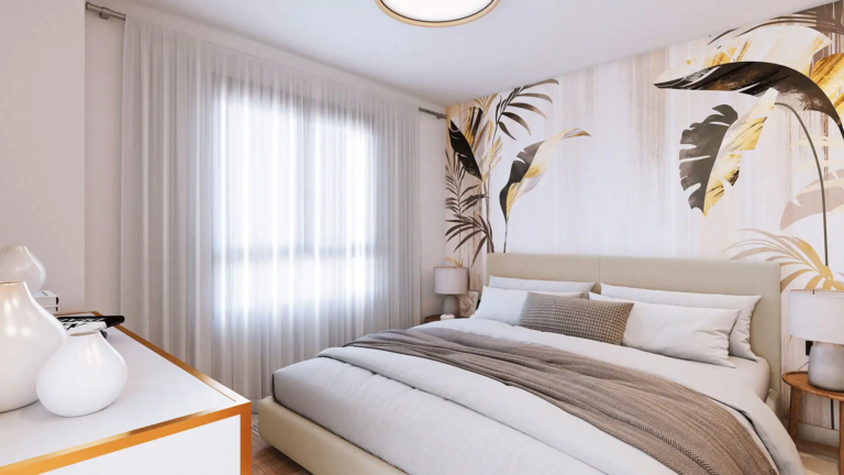 Modern bedroom design at The Meadows Mijas with tropical-inspired decor and natural lighting.