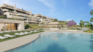 Luxurious pool area at Atria F1 with modern architecture in the background.