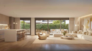 Stylish living room with open-plan design and garden access at Isla Bela Marbella.