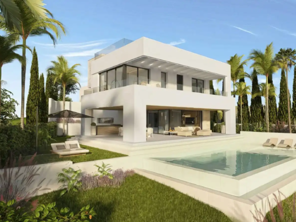 Soto Vista Luxury modern villa with infinity pool in Bahia de las Rocas, surrounded by lush greenery and palm trees, featuring panoramic sea views.