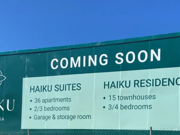 Haiku Estepona new development announcement billboard near Le Mirage, Estepona.