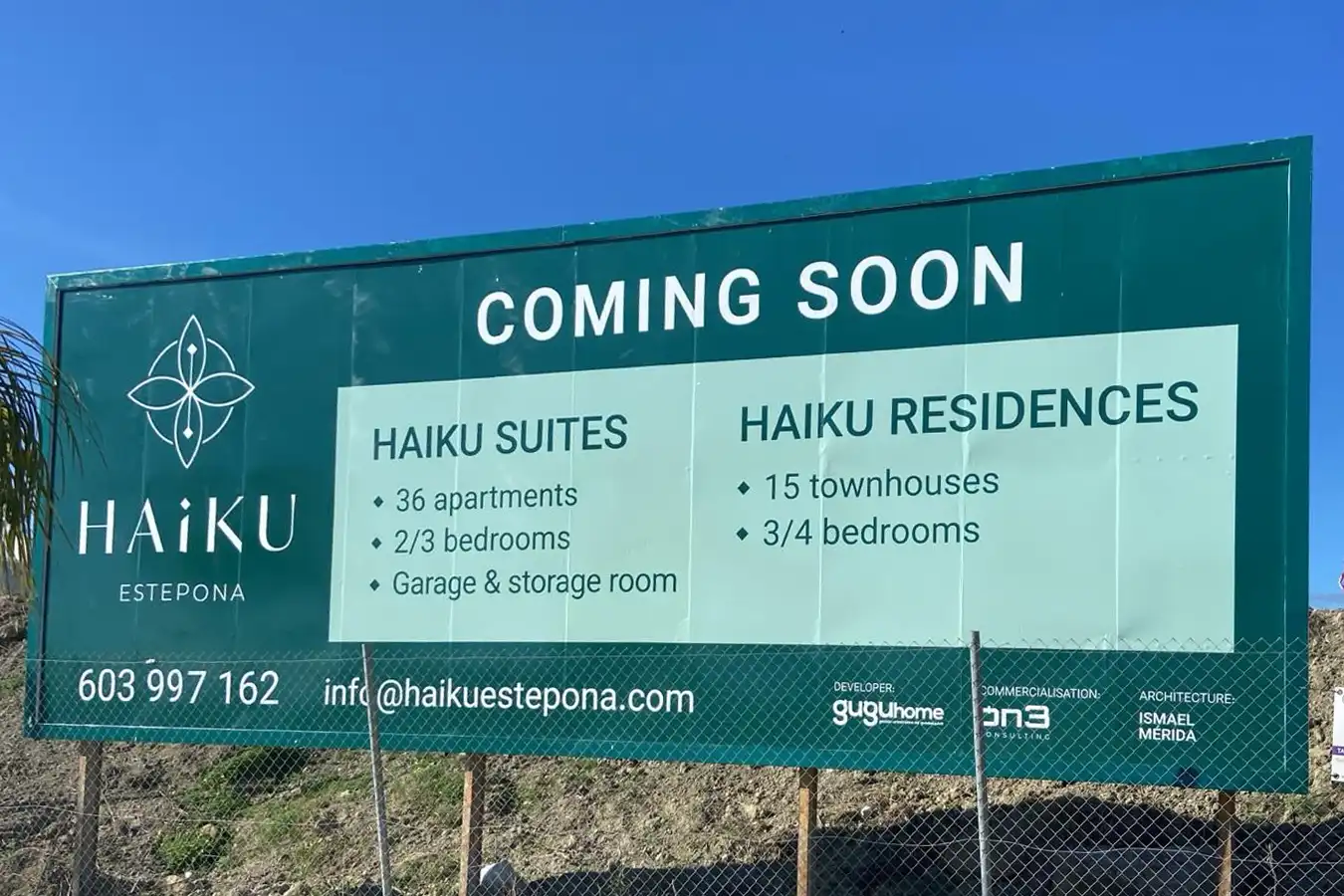 Haiku Estepona new development announcement billboard near Le Mirage, Estepona.