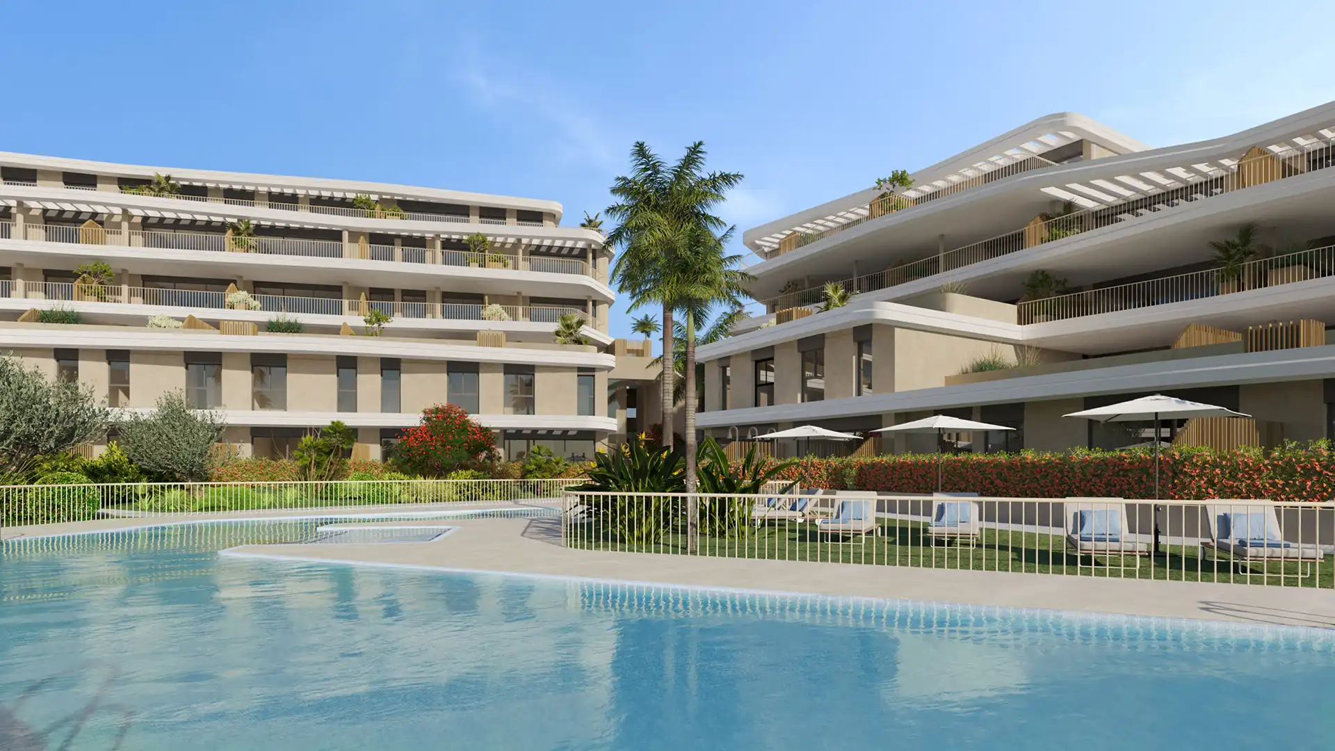 Modern Adagio Estepona apartment buildings with landscaped gardens and swimming pool