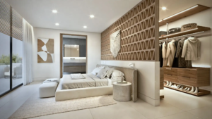 Luxurious bedroom design with wooden textures and modern walk-in wardrobe at Aura Cabopino.