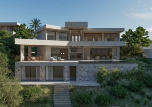 Modern villa exterior surrounded by lush greenery at Aura Cabopino.