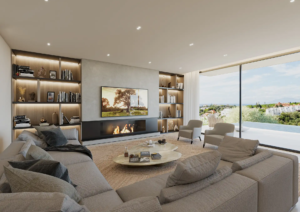 Cozy living room with built-in shelves, fireplace, and expansive views at Aura Cabopino.