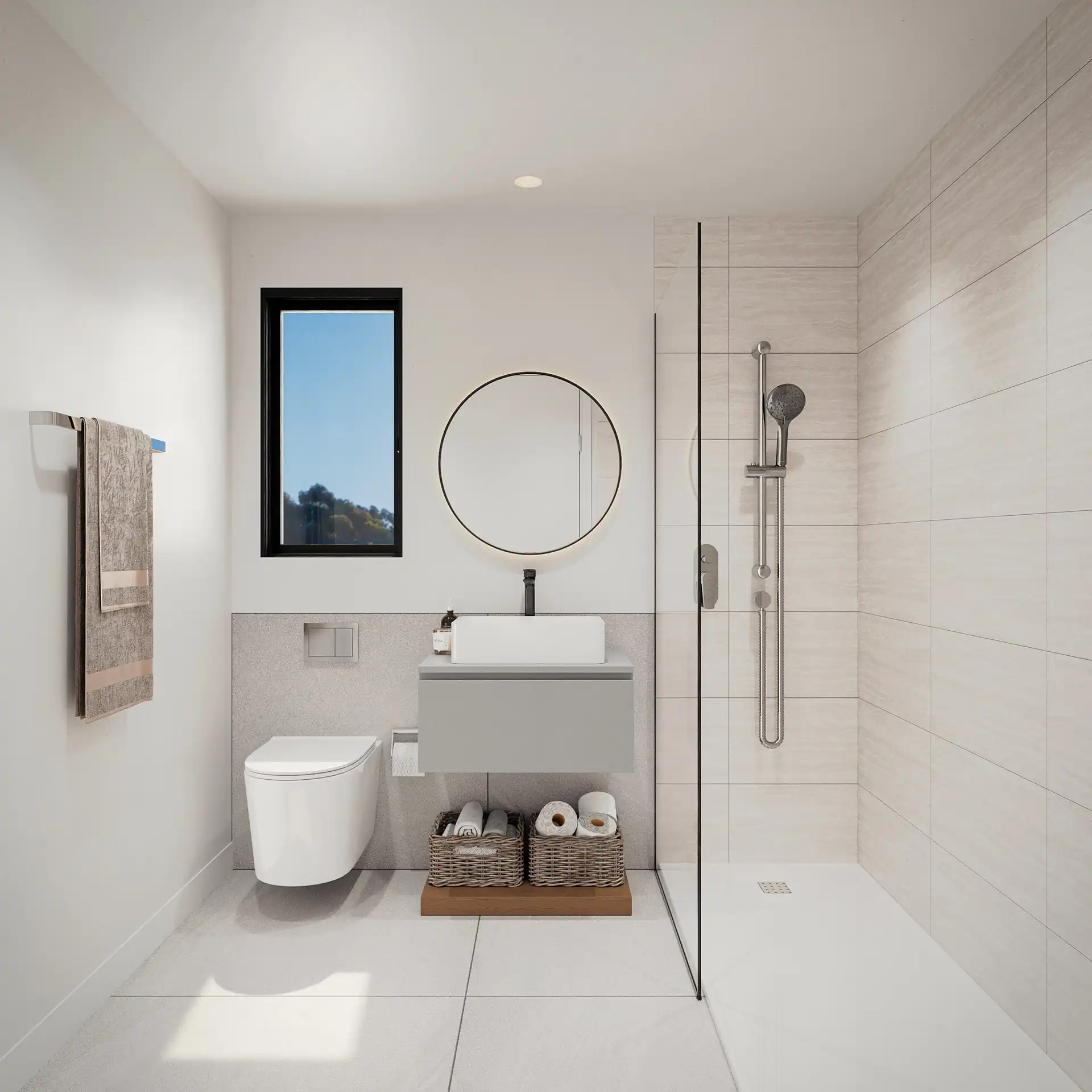 Modern bathroom with walk-in shower and minimalist design at Soleil Marbella