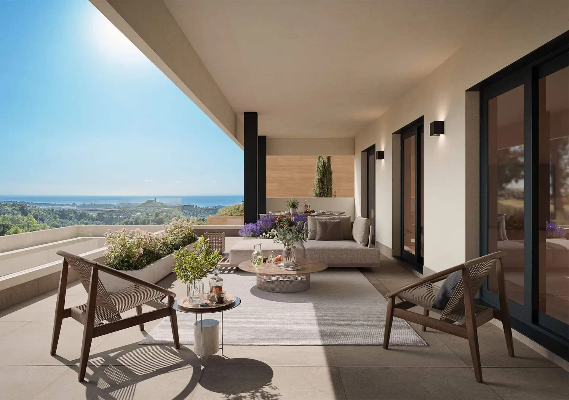 Private terrace with panoramic sea views at Soleil Marbella residence