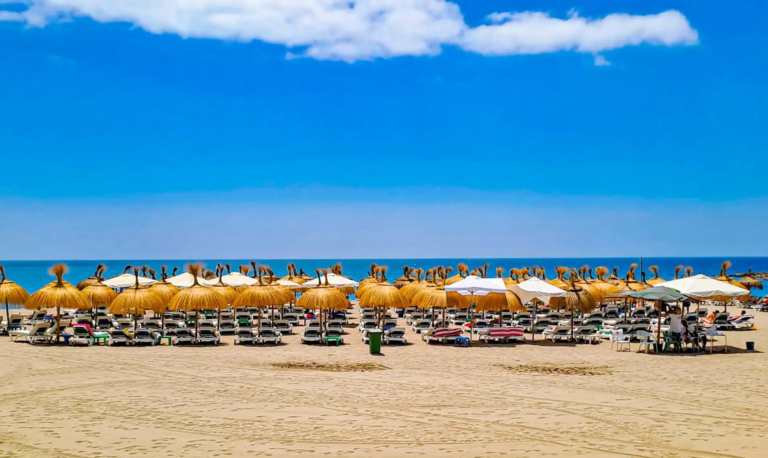 Playa de Venus in Marbella with rows of sun loungers and straw umbrellas under a bright blue sky