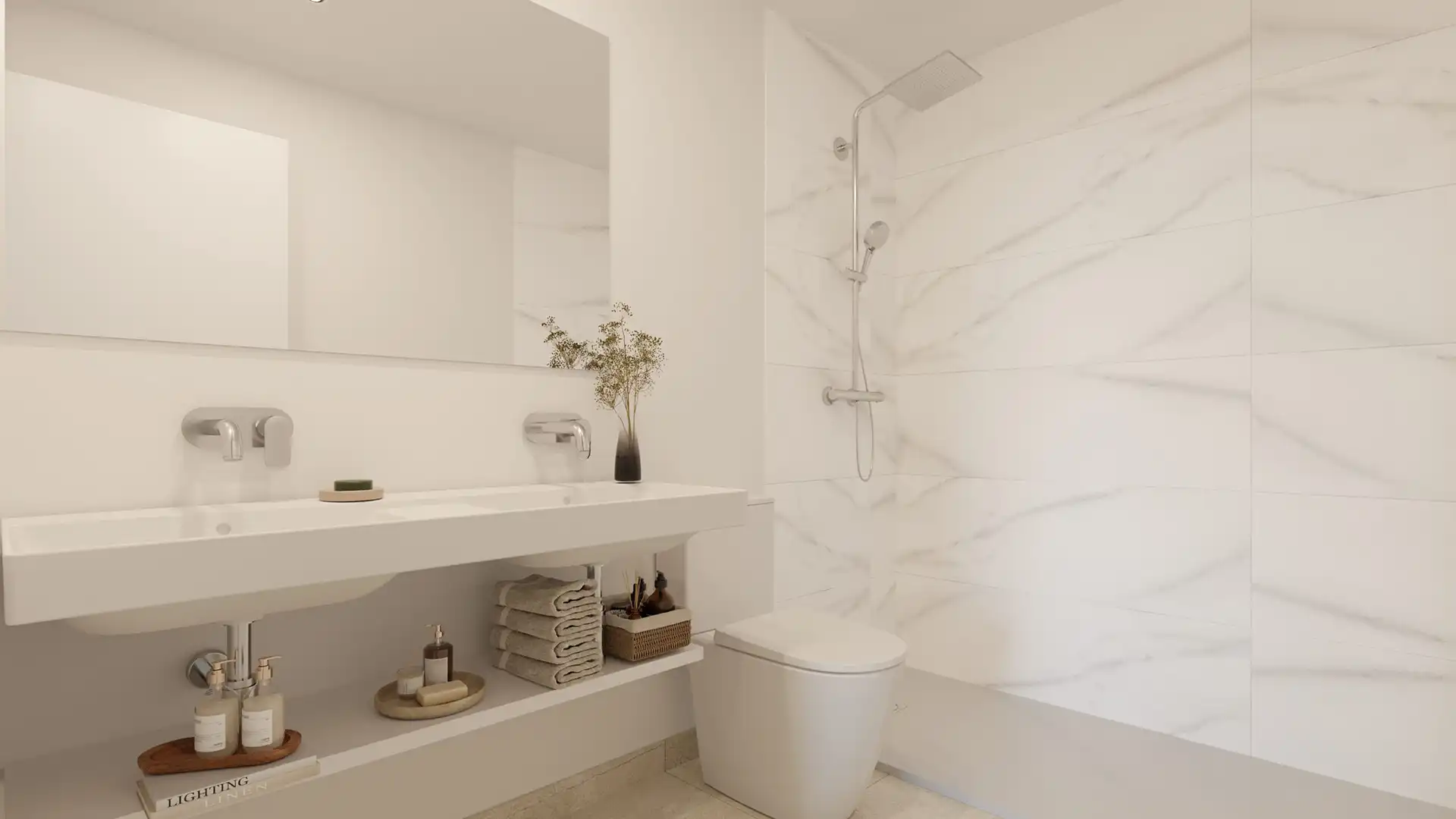 Modern bathroom at Adagio Estepona with double sink, walk-in shower, and marble-effect tiles