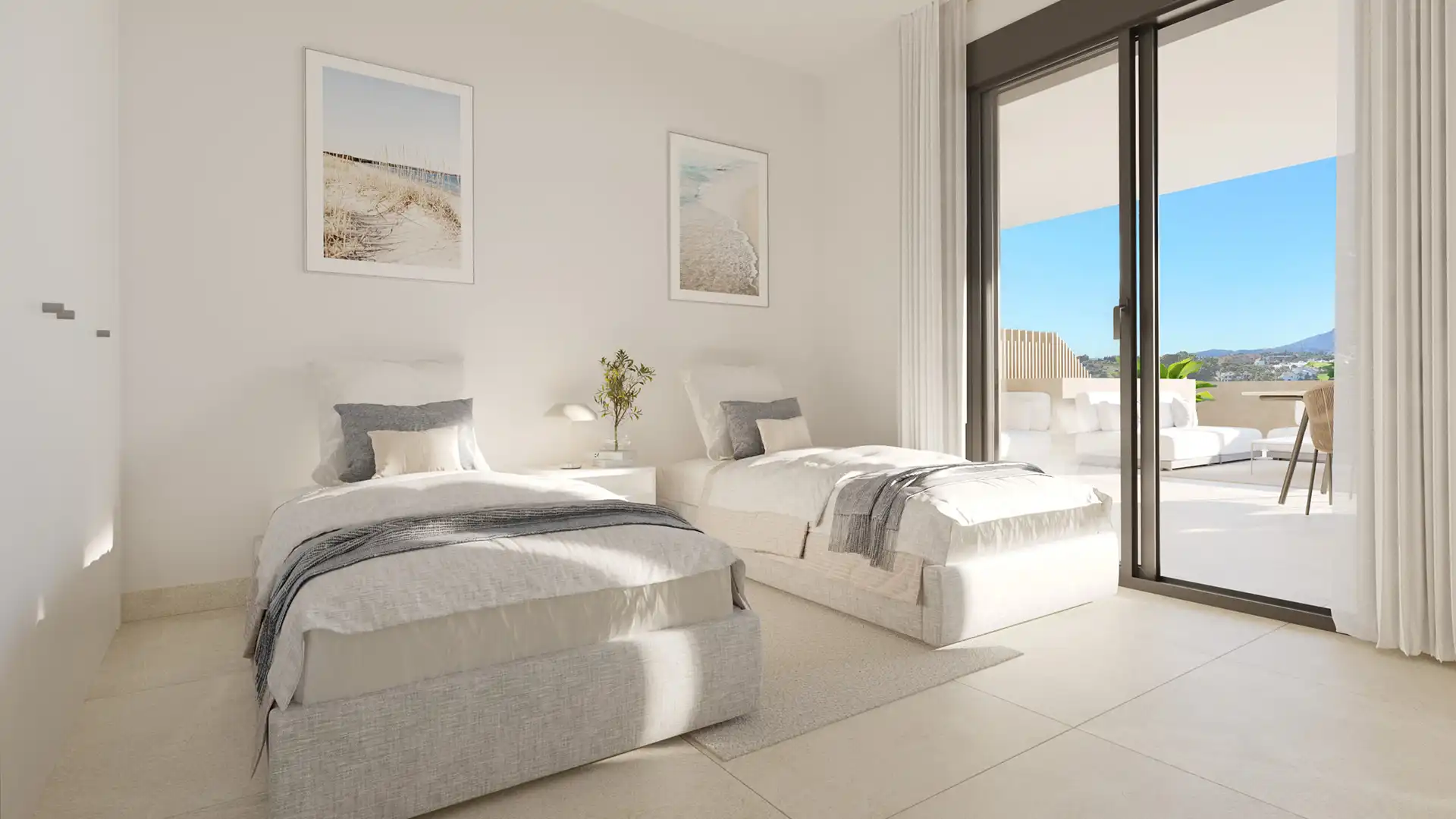 Bright twin bedroom at Adagio Estepona with terrace access and mountain views