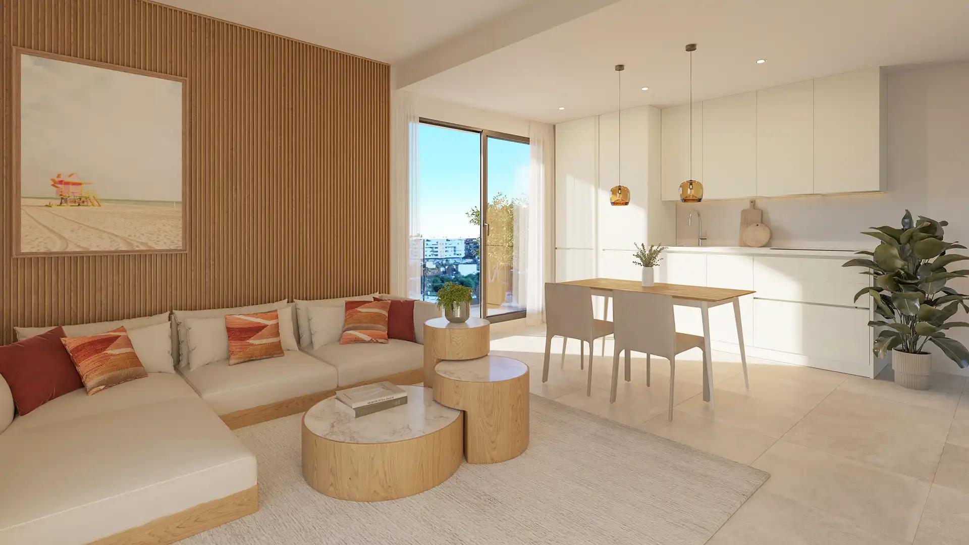 Laguna One Fuengirola open-plan living room and kitchen with wood accents