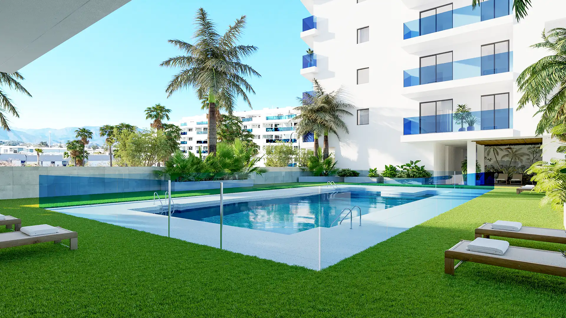 Laguna One Fuengirola communal swimming pool and gardens