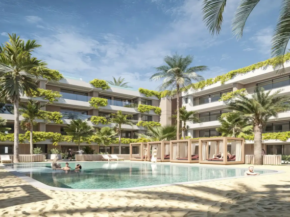 Upper 101 San Pedro Alcantara luxury pool area with palm trees and modern apartments