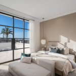Luxury bedroom with terrace access and palm tree views at Villa Valora