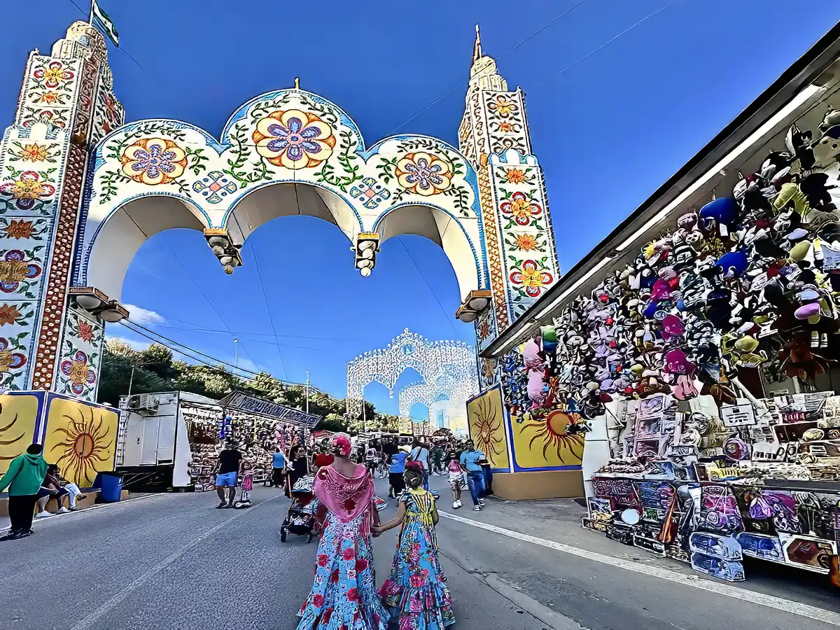 Decorative entrance arch and fair stalls at San Bernabe Marbella festival