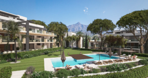 Aloha Forest Marbella modern residential buildings with communal pool and gardens