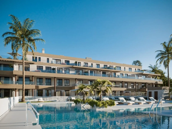 Contemporary multi-story residential building with balconies, pool, and palm landscaping at Balance Nova.
