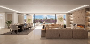 Spacious living and dining room with panoramic windows and fireplace at Vasari Villas
