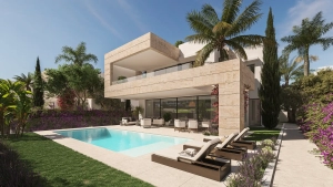 Modern luxury villa exterior with private pool, terrace, and lush gardens at Vasari Villas
