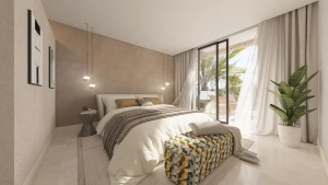 Modern luxury bedroom with large windows, soft lighting, and elegant decor at Vasari Villas