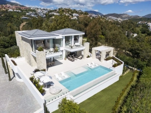 Aerial view of Villa Tiza luxury villa with pool and terraces in Marbella