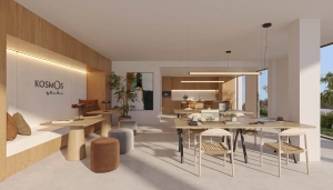 Modern communal coworking space in Kosmos Fuengirola with natural light and wooden accents