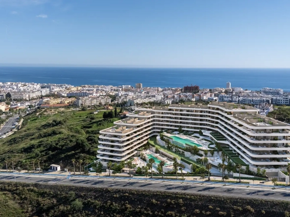Aerial view of Maralto Estepona new development overlooking Estepona town and the Mediterranean