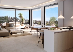 A modern living room and dining area featuring a sofa, table, and large windows with a view.