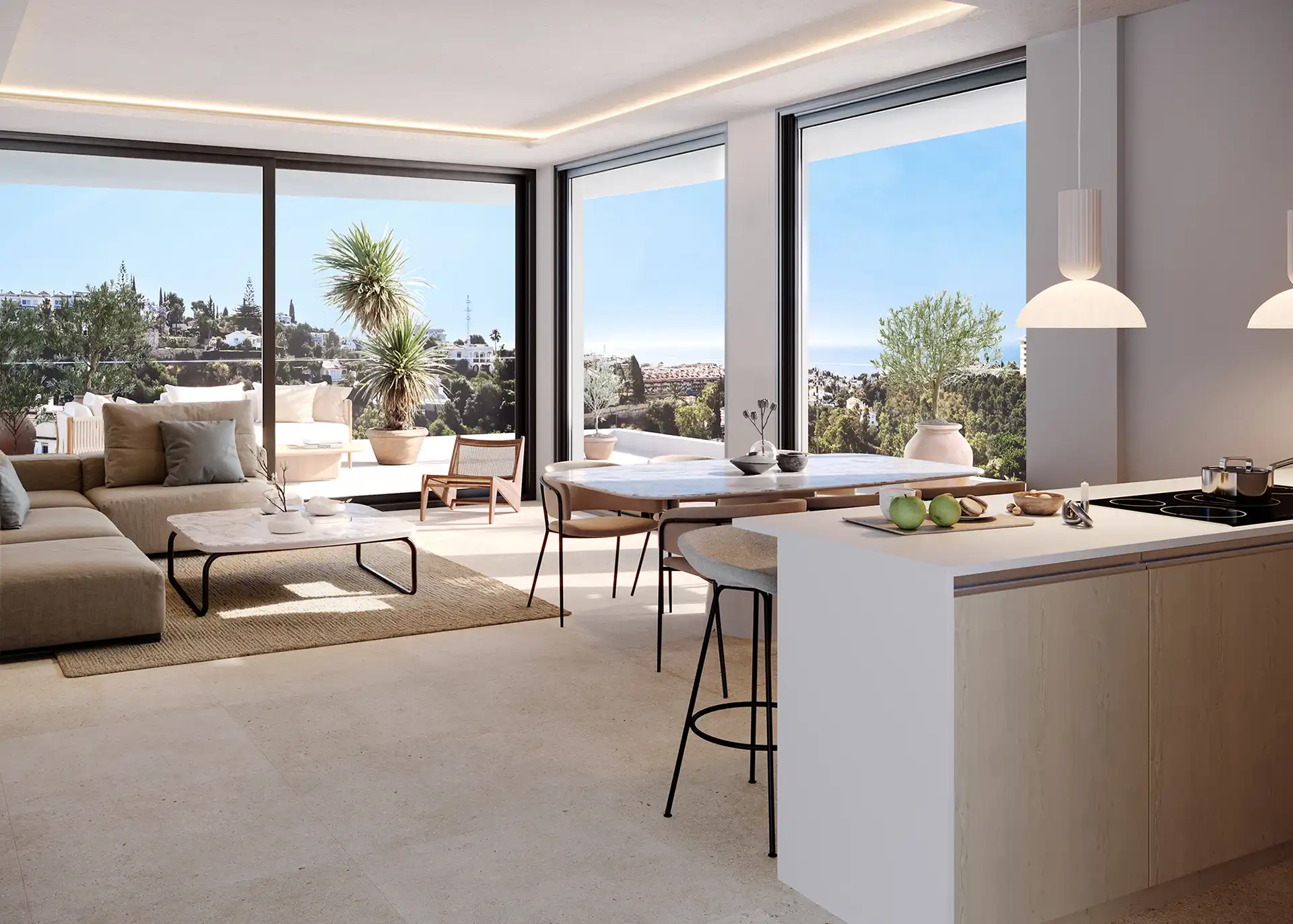 A modern living room and dining area featuring a sofa, table, and large windows with a view.