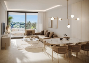 A modern living room and dining area featuring a beige sofa, marble dining table, and large windows.Belvedere Colecttion