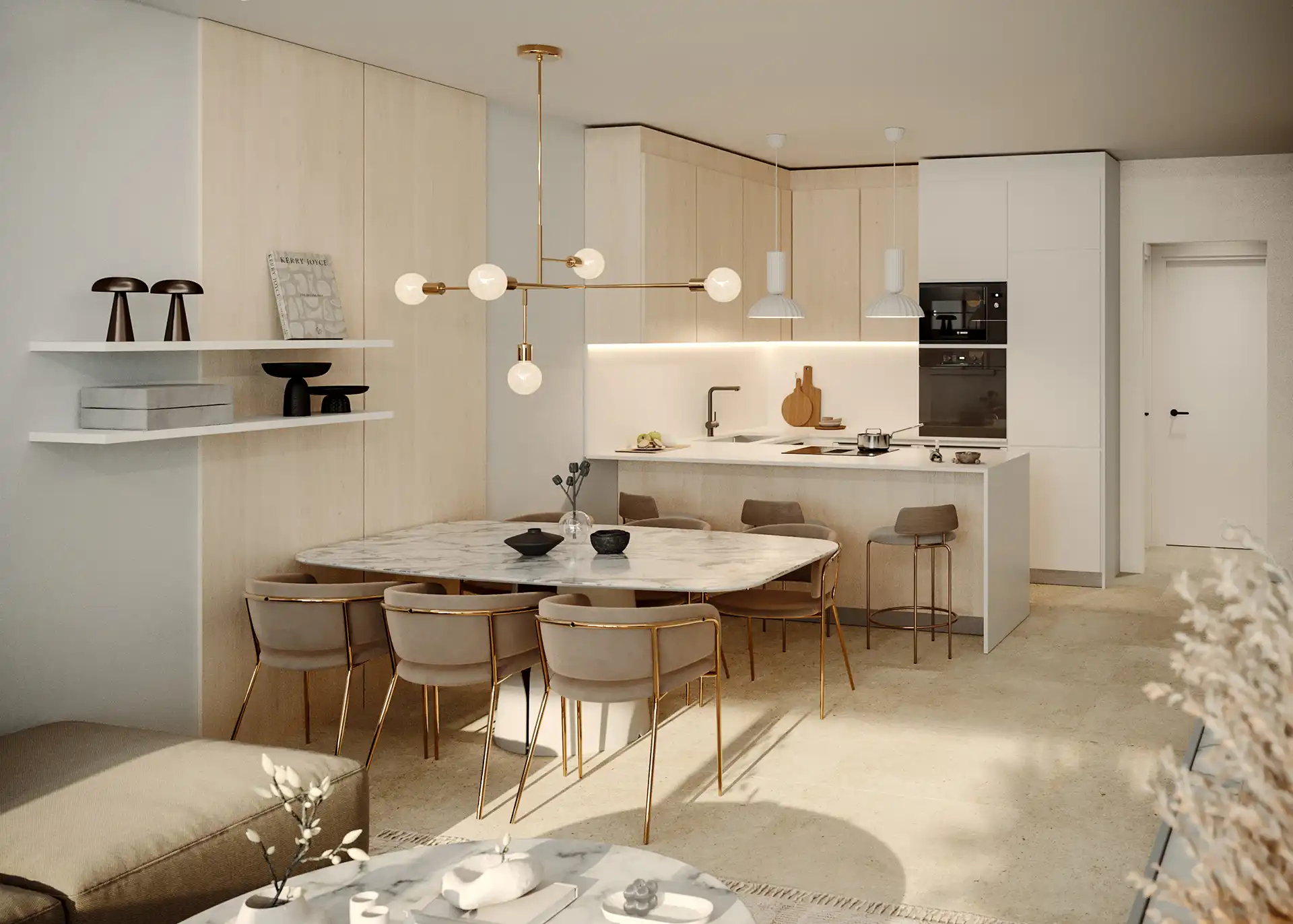 A modern kitchen and dining area featuring a marble table and wooden cabinetry.