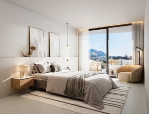 A modern bedroom featuring a bed with decorative pillows, wall art, and large windows with mountain views.