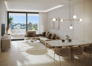 A modern living room featuring a beige sectional sofa, marble dining table, and large windows with natural light.