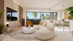 Modern living room featuring a white sectional sofa, round coffee table, and large windows with a view