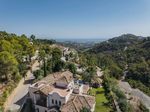 Aerial view of Villa Las Palmeras in Benahavis with surrounding greenery and distant sea view.