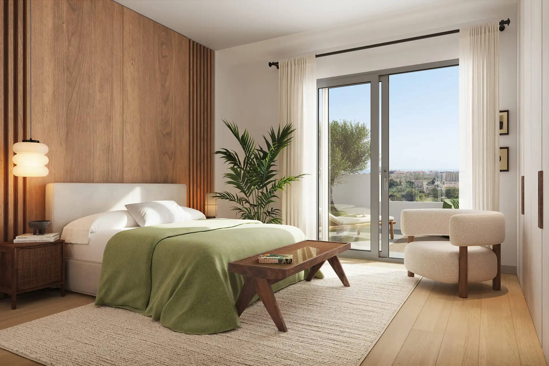 Contemporary bedroom featuring a bed with a green blanket, wooden accents, and large windows.