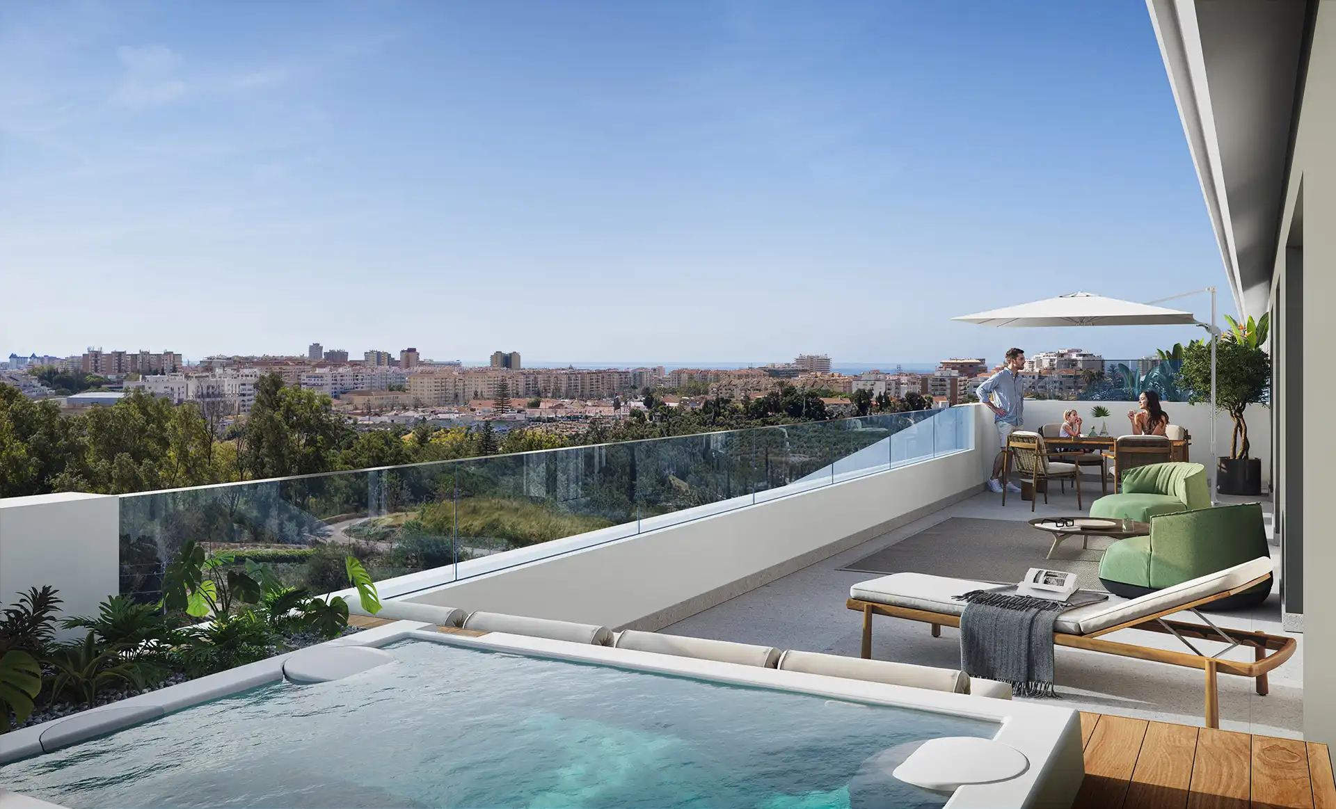 7 olas fuengirola Balcony featuring a hot tub, seating area, and panoramic view of a cityscape under a clear blue sky.
