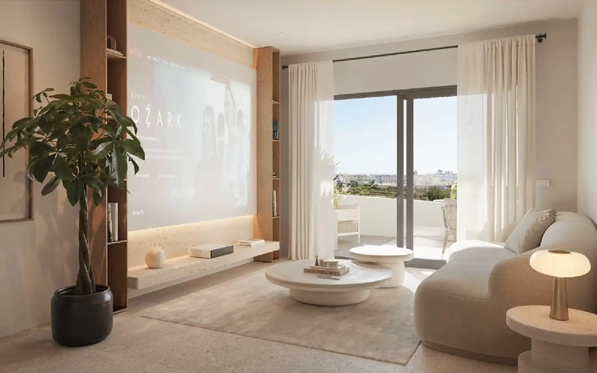 Contemporary living room featuring a wall-mounted projector and a cozy sofa with a coffee table 7 olas Fuengirola