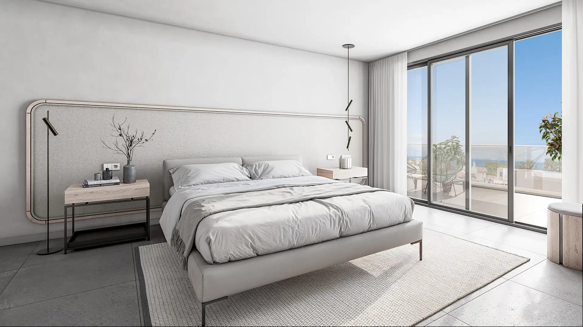 Contemporary bedroom with a bed, nightstands, and large windows offering natural light.