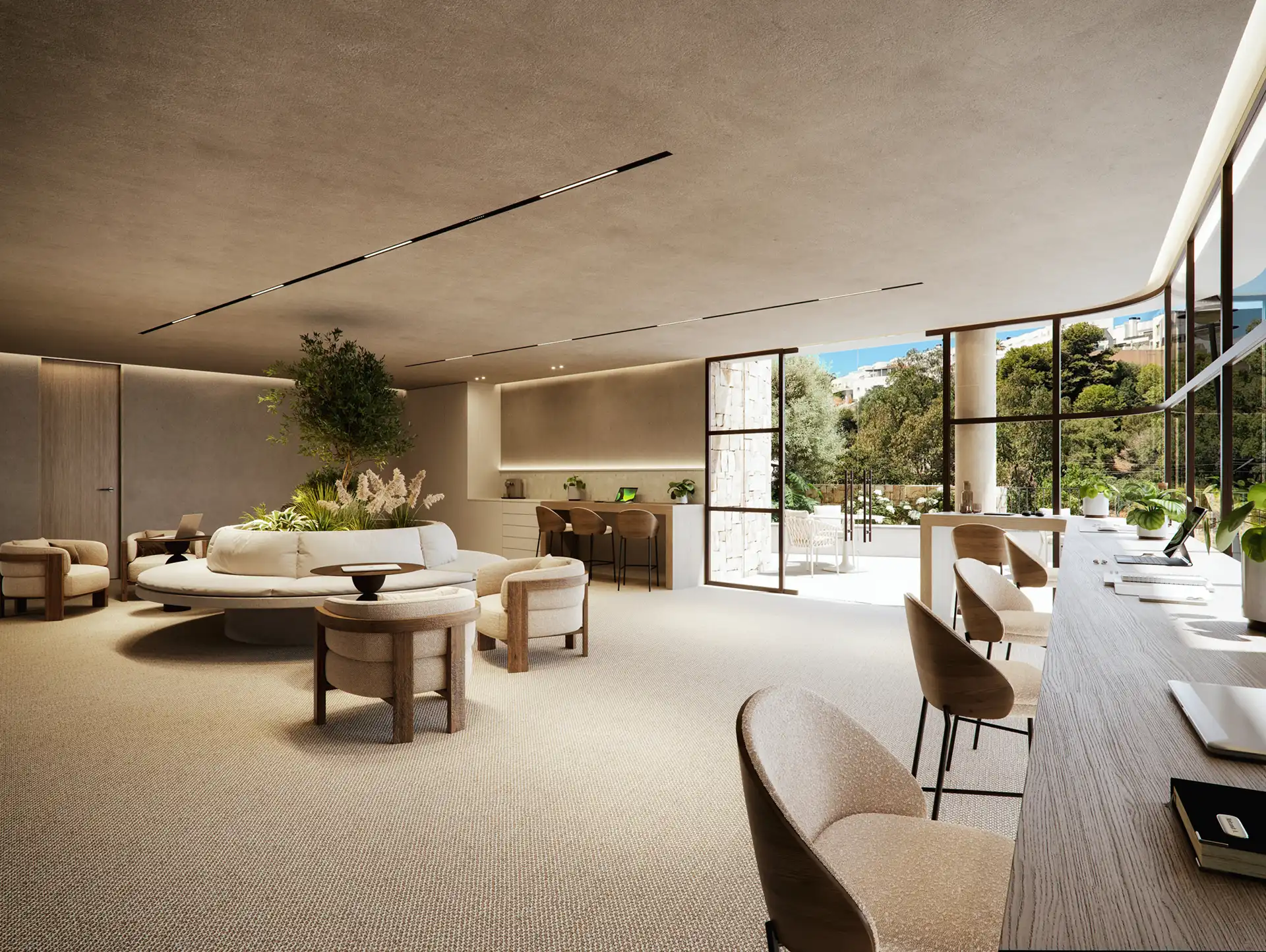 Oleo Fuengirola spacious open-plan living room with floor-to-ceiling windows sea views contemporary design